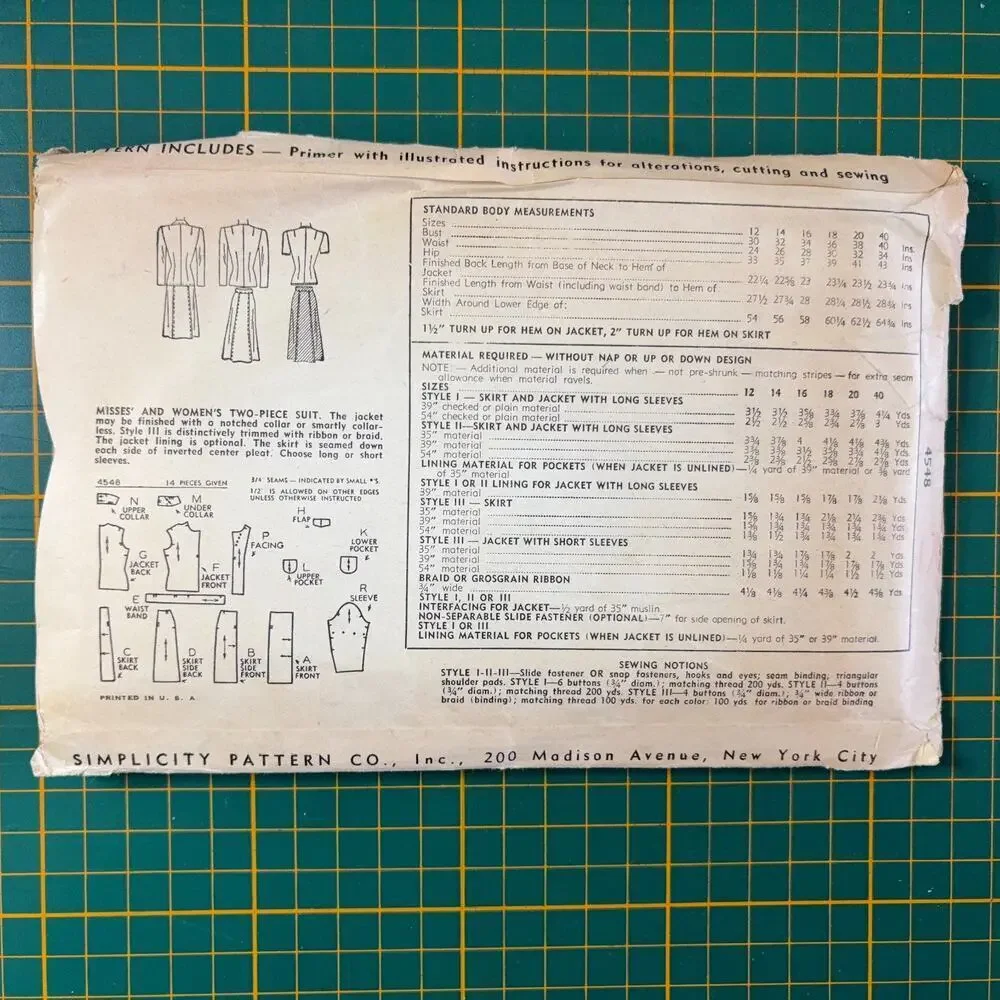 1940s Vintage Simplicity Sewing Pattern 4548 Uncut WWII Misses Suit Size 30 Bust